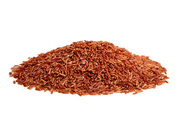 Heap of red rice isolated on white background. Dry uncooked grains of a cereal plant