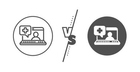 Online medical help sign. Versus concept. Medicine laptop line icon. Line vs classic medical help icon. Vector