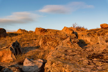 Fototapeta na wymiar Beautiful view of Don steppe in autumn lit by setting sun