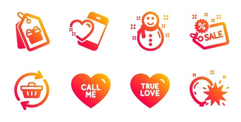 Call me, Refresh cart and Sale line icons set. True love, Coupons and Heart signs. Snowman, Balloon dart symbols. Love sweetheart, Online shopping. Holidays set. Gradient call me icons set. Vector