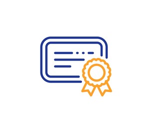 Verified document sign. Certificate line icon. Accepted or confirmed symbol. Colorful outline concept. Blue and orange thin line certificate icon. Vector
