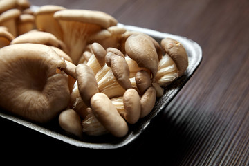 Oyster mushrooms in grey tray on wooden background. Uncooked edible mushrooms on brown table, close-up