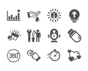 Fototapeta premium Set of Business icons, such as Timer, Gift, 360 degrees, Rotation gesture, Heart, Swipe up, Usb stick, Efficacy, Repairman, Speaker, Info, Wash hands classic icons. Timer icon. Vector