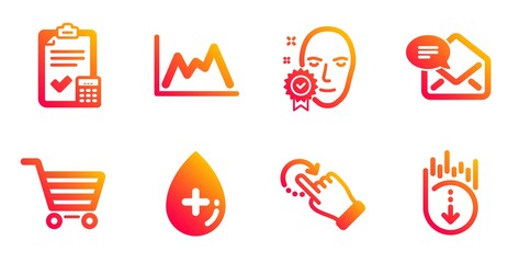 Accounting checklist, Face verified and Rotation gesture line icons set. Oil serum, Market sale and New mail signs. Diagram, Scroll down symbols. Calculator, Access granted. Business set. Vector