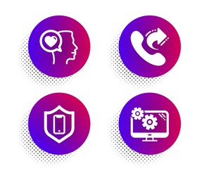 Smartphone protection, Share call and Romantic talk icons simple set. Halftone dots button. Settings sign. Phone, Phone support, Love chat. Cogwheel tool. Technology set. Vector
