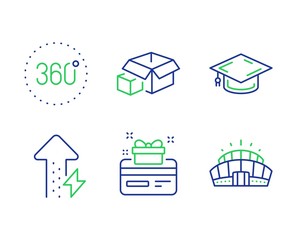 Energy growing, Loyalty card and Graduation cap line icons set. 360 degrees, Packing boxes and Arena stadium signs. Power usage, Bonus points, University. Panoramic view. Business set. Vector