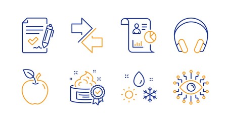 Cream, Weather and Approved agreement line icons set. Report, Headphones and Synchronize signs. Apple, Artificial intelligence symbols. Best lotion, Climate. Business set. Line cream icon. Vector