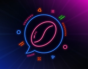 Coffee beans line icon. Neon laser lights. Tasty seed sign. Vegan drink symbol. Glow laser speech bubble. Neon lights chat bubble. Banner badge with coffee beans icon. Vector