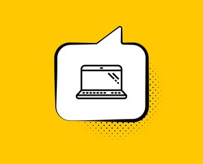 Laptop line icon. Comic speech bubble. Mobile computer device sign. Yellow background with chat bubble. Laptop icon. Colorful banner. Vector
