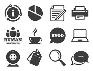 Pie chart, byod and printer signs. Discount offer tag, chat, info icon. Office, documents and business icons. Report, magnifier and web camera symbols. Classic style signs set. Vector