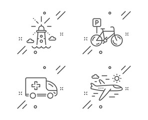 Ambulance emergency, Lighthouse and Bicycle parking line icons set. Airplane travel sign. Medical transport, Navigation beacon, Bike park. Trip flight. Transportation set. Vector