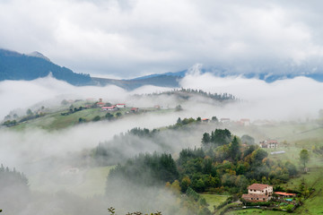 foggy morning at basque countryside