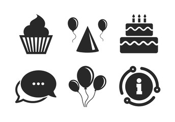 Cake, balloon, hat and muffin signs. Chat, info sign. Birthday party icons. Celebration symbol. Cupcake sweet food. Classic style speech bubble icon. Vector