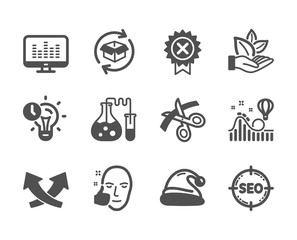 Fototapeta premium Set of Business icons, such as Return parcel, Seo, Healthy face, Roller coaster, Scissors, Time management, Reject medal, Intersection arrows, Organic product, Music making, Santa hat. Vector