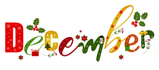 "December" holidays month text creative with gifts flowers and leaves. Decoration text floral. Decoration letters, Illustration December. Christmas  - Powered by Adobe