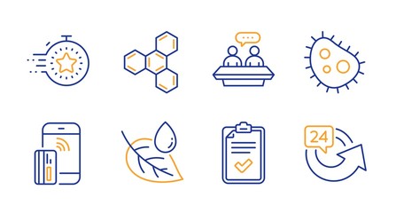 Checklist, Chemical formula and Bacteria line icons set. Leaf dew, Employees talk and Timer signs. Contactless payment, 24 hours symbols. Survey, Chemistry. Business set. Line checklist icon. Vector