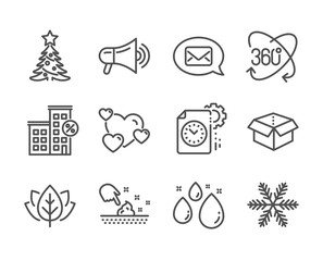 Set of Business icons, such as Heart, Full rotation, Skin moisture, Loan house, Messenger, Open box, Water drop, Snowflake, Project deadline, Christmas tree, Organic tested, Megaphone. Vector