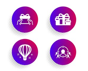 Holiday presents, Give present and Air balloon icons simple set. Halftone dots button. Business targeting sign. Gift boxes, Receive a gift, Sky travelling. People and target aim. Business set. Vector