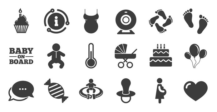 Set of Maternity, Pregnancy and Baby care icons. Information, chat bubble icon. Video monitoring, Child and Pacifier signs. Footprint, Birthday cake and Newborn symbols. Quality set. Vector