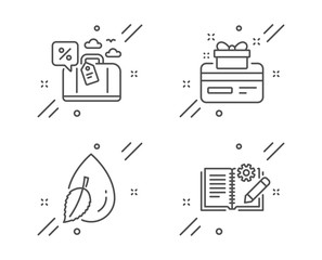 Travel loan, Water drop and Loyalty card line icons set. Engineering documentation sign. Trip discount, Mint leaf, Bonus points. Manual. Business set. Line travel loan outline icon. Vector