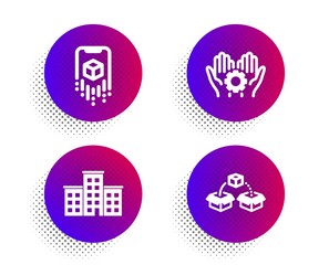 Augmented reality, Employee hand and Company icons simple set. Halftone dots button. Parcel shipping sign. Phone simulation, Work gear, Building. Send box. Technology set. Vector