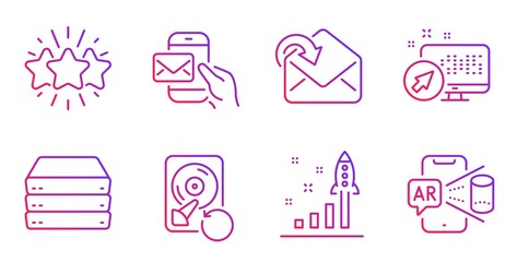 Receive mail, Recovery hdd and Star line icons set. Messenger mail, Development plan and Servers signs. Web system, Augmented reality symbols. Incoming message, Backup info. Technology set. Vector