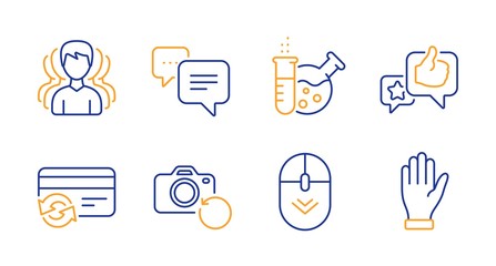 Change card, Chemistry lab and Dots message line icons set. Like, Scroll down and Recovery photo signs. Group, Hand symbols. Payment method, Laboratory. Business set. Line change card icon. Vector