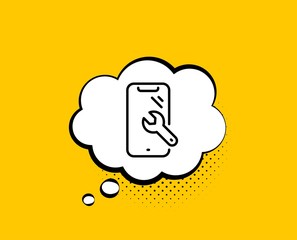 Smartphone repair line icon. Comic speech bubble. Phone recovery sign. Mobile device symbol. Yellow background with chat bubble. Smartphone repair icon. Colorful banner. Vector