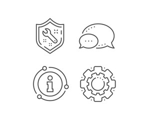 Spanner tool line icon. Chat bubble, info sign elements. Repair service sign. Shield protection symbol. Linear spanner outline icon. Information bubble. Vector