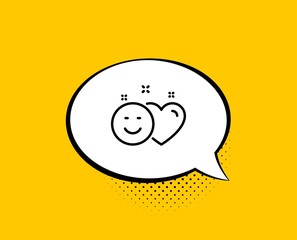 Social media like line icon. Comic speech bubble. Heart, smile sign. Positive feedback symbol. Yellow background with chat bubble. Smile icon. Colorful banner. Vector