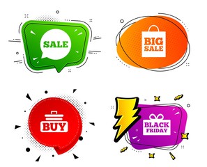 Buy cart symbols. Banner badges, various colors. Sale speech bubble icons. Black friday gift box signs. Big sale shopping bag. Chat bubble vector shape. Gradient banner. Price tag. Vector