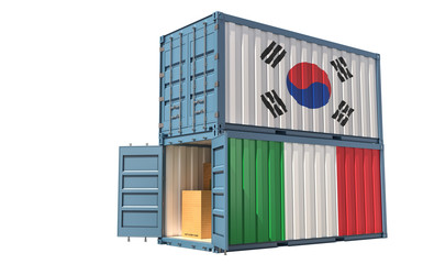 Two freight container with South Korea and Italy flag. Isolated on white - 3D Rendering