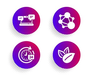 24h delivery, Internet chat and Integrity icons simple set. Halftone dots button. Organic product sign. Stopwatch, Online communication, Social network. Leaves. Technology set. Vector