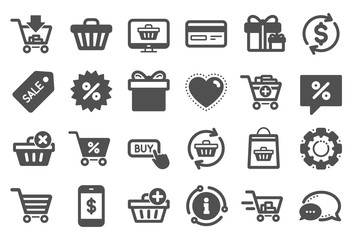 Shopping icons. Gift box, Present coupon and Sale offer tag signs. Shopping cart, surprise gift and Delivery symbols. Speech bubble, Discount tag coupon , Credit card. Online sale. Quality set. Vector