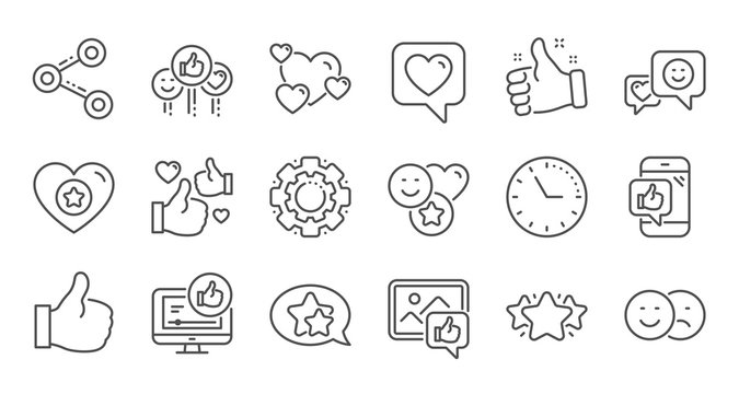 Social media line icons. Share network, Like thumbs up and Rating. Feedback smile linear icon set. Quality line set. Vector