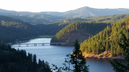 Fototapeta premium lake, water, landscape, mountain, nature, mountains, sky, blue, forest, summer, view, green, reflection, travel, sea, park, tree, beautiful, trees, clouds, panorama, tourism, outdoor, norway, scenery