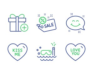 Add gift, Smile chat and Kiss me line icons set. Sale, Scuba diving and Love you signs. Present box, Happy emoticon, Love sweetheart. Shopping tag. Holidays set. Line add gift outline icons. Vector