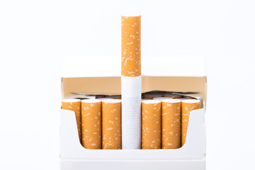 Cigarette pack close up isolated on white background.  Bad habbit and cause cancer.