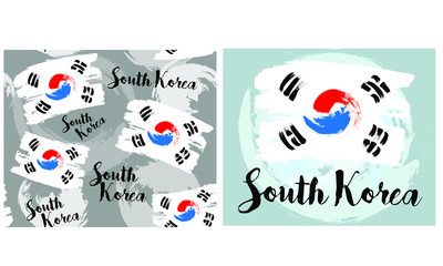 South Korea flag with brush stroke background, poster, vector illustration, Traditional Korean style