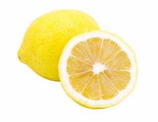 roup of ripe whole yellow lemon citrus fruit with lemon fruit half isolated on white background with clipping path.