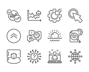 Set of Science icons, such as Seo stats, Statistics, Augmented reality, Seo analysis, Click here, International globe, Swipe up, Best manager, Time management, Sunset, Question mark. Vector