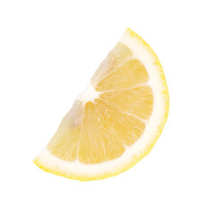 Top view of textured ripe slice of lemon citrus fruit isolated on white background. Lemon slice with clipping path