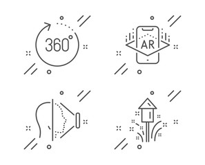 Face id, 360 degrees and Augmented reality line icons set. Fireworks sign. Phone scanning, Panoramic view, Phone simulation. Christmas pyrotechnic. Science set. Line face id outline icon. Vector