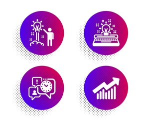 Creative idea, Time management and Typewriter icons simple set. Halftone dots button. Demand curve sign. Startup, Office chat, Inspiration. Statistical report. Education set. Vector
