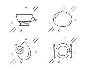 Dry cappuccino, Macadamia nut and Water drop line icons set. Restaurant food sign. Beverage mug, Vegetarian food, Clean aqua. Cutlery. Food and drink set. Line dry cappuccino outline icon. Vector
