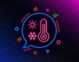 Weather thermometer line icon. Neon laser lights. Winter snowflake, sun sign. Temperature symbol. Glow laser speech bubble. Neon lights chat bubble. Banner badge with weather thermometer icon. Vector