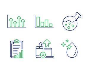 Checklist, Histogram and Upper arrows line icons set. Chemistry lab, Seo devices and Water drop signs. Graph report, Economic trend, Growth infochart. Laboratory. Science set. Vector