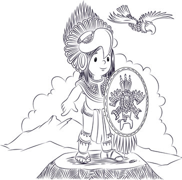Pre-Hispanic Mexico,  Eagle man, cute cartoon, line drawing,