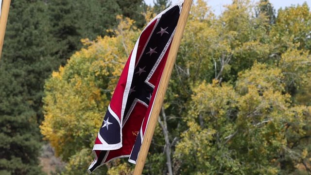Civil War Confederate Flag in Slow Motion with Shallow Depth of Field.