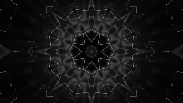 Black-white abstract animated background. Kaleidoscope patterns. 3D rendering